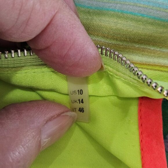 Elie Tahari Angie Lime Green Mirror Orchid Sheath Midi Dress US 10 Maximalism - Picture 9 of 13